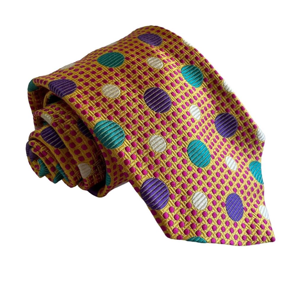 Duchamp London Silk Necktie Yello Pink Purple Polka Dot NWOT $130